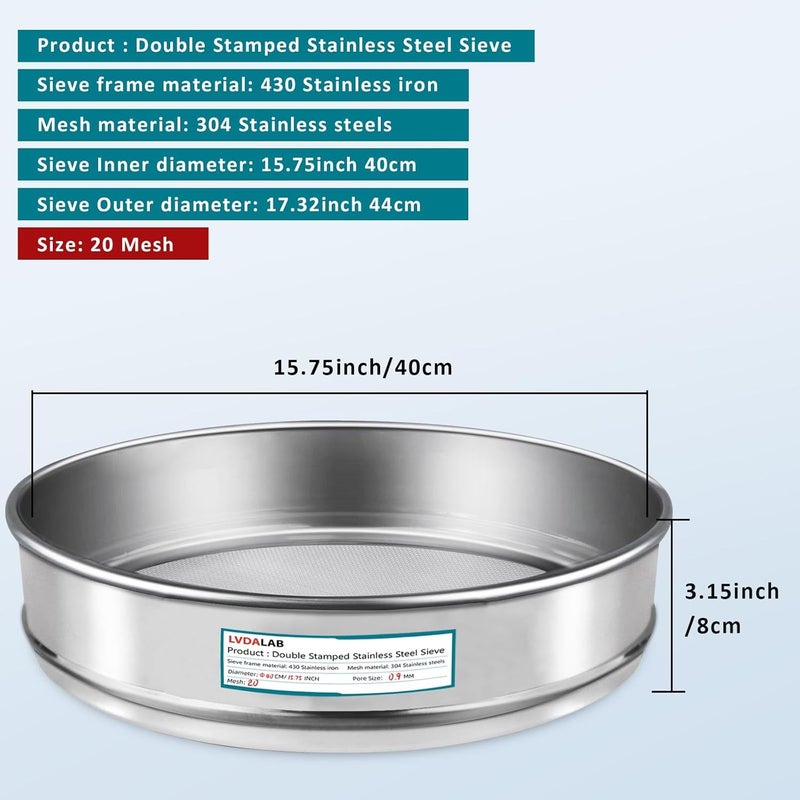 LVDALAB 304 Stainless Steel Lab Sieve Screen Mesh, 20 Mesh (0.9mm) Aperture Test Sieve, 15.75''(40cm) Diameter Economy Standard Analysis Sample Test Sieves for Industrial Laboratory Homes - Image 2